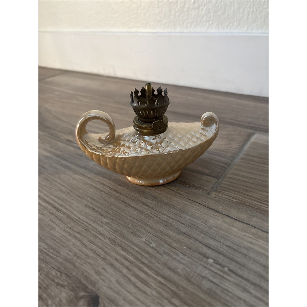 Vintage Small Oil Lamp Peach Luster Genie